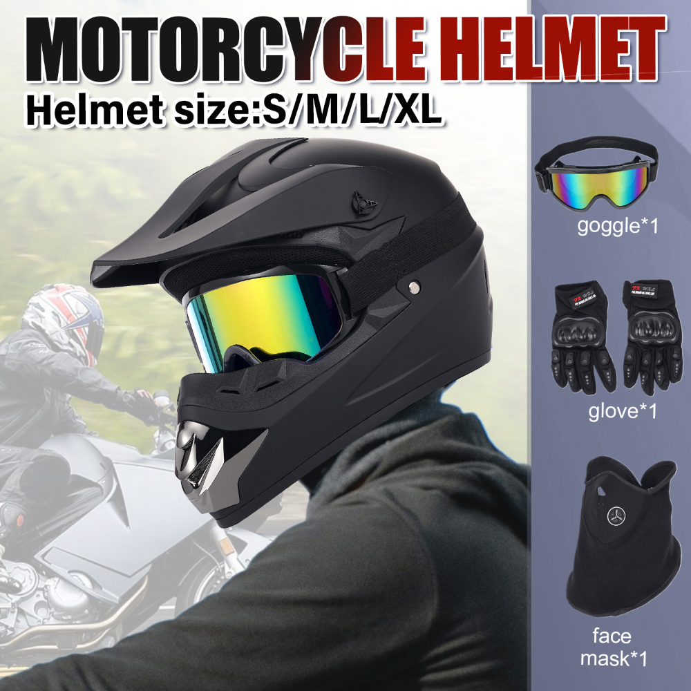 Off Road Motocross Helmet Goggles Set - オフロードバイク用ヘルメット4点セット 大人用 DOT認証 マットブラック ゴーグル、グローブ、マスク付き モトクロス
