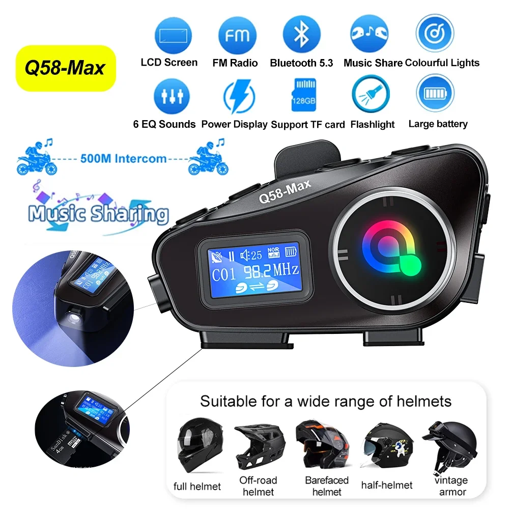 Universal Motorcycle Helmet Intercom Headset - オートバイのヘルメット用の大型スクリーン付きインターホン,Bluetoothヘッドセット,FMサポート,BT 5.3, Q58,LEDライト付き