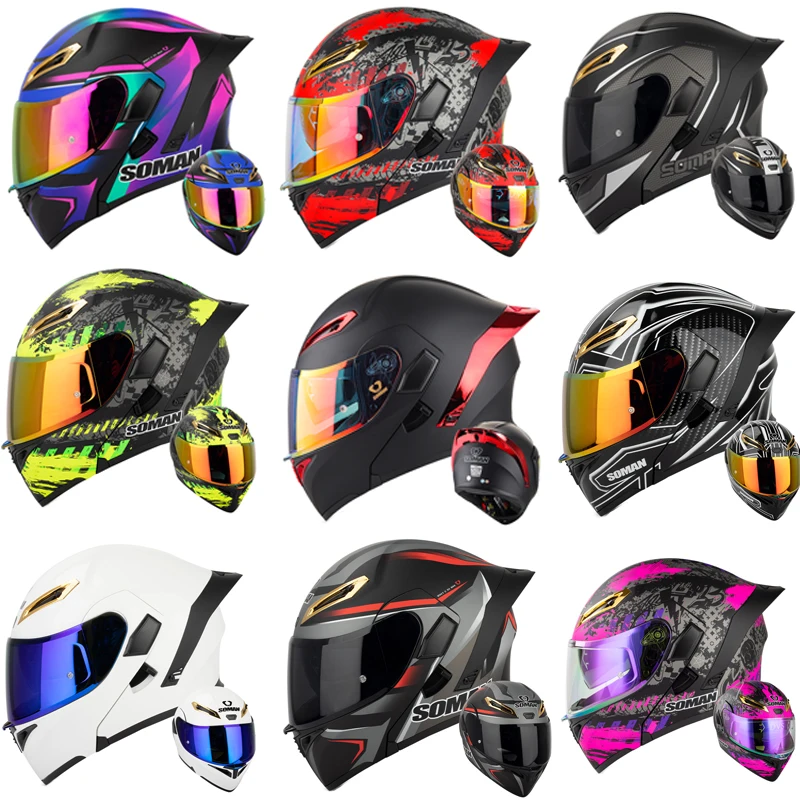 Dual Visor Motorcycle Racing Helmet - ソマン-男性と女性のためのフルフェイスのオートバイのヘルメット,ダブルレンズ,フラップ付きヘルメット,ドットバイザー,オートバイのレーシングアクセサリー