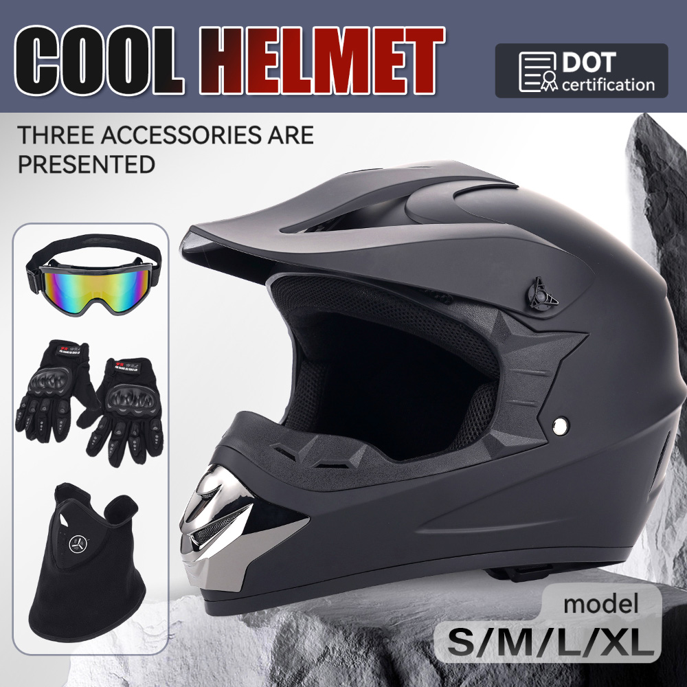Off Road Motocross Helmet Goggles Set - オフロードバイク用ヘルメット 4点セット 大人用 DOT認定 マットブラック ゴーグル、グローブ、マスク付き