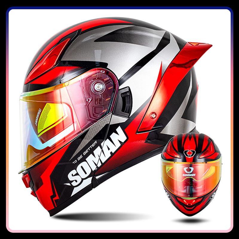 Modular Flip Up Motorcycle Helmet Dot Approved - メンズオートバイヘルメットデュアルレンズフリップアップヘルメットヴィンテージレトロフルフェイスモトヘルメットダブルレンズモジュラーヘルムDOT承認