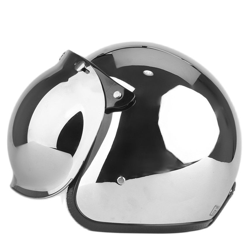 Vintage Open Face Retro Helmet - ヴィンテージオープンフェイスモーターサイクルヘルメット,シルバークローム,レトロ,パイロットジェット,ハーフカバー,3/4