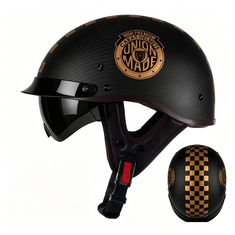 Carbon Fiber Lightweight Motorcycle Helmet - カーボンファイバー製バイク用ハーフヘルメット、レトロな軽量3C認証オープンフェイスヘルメット、男女兼用、オールシーズン対応バイク用