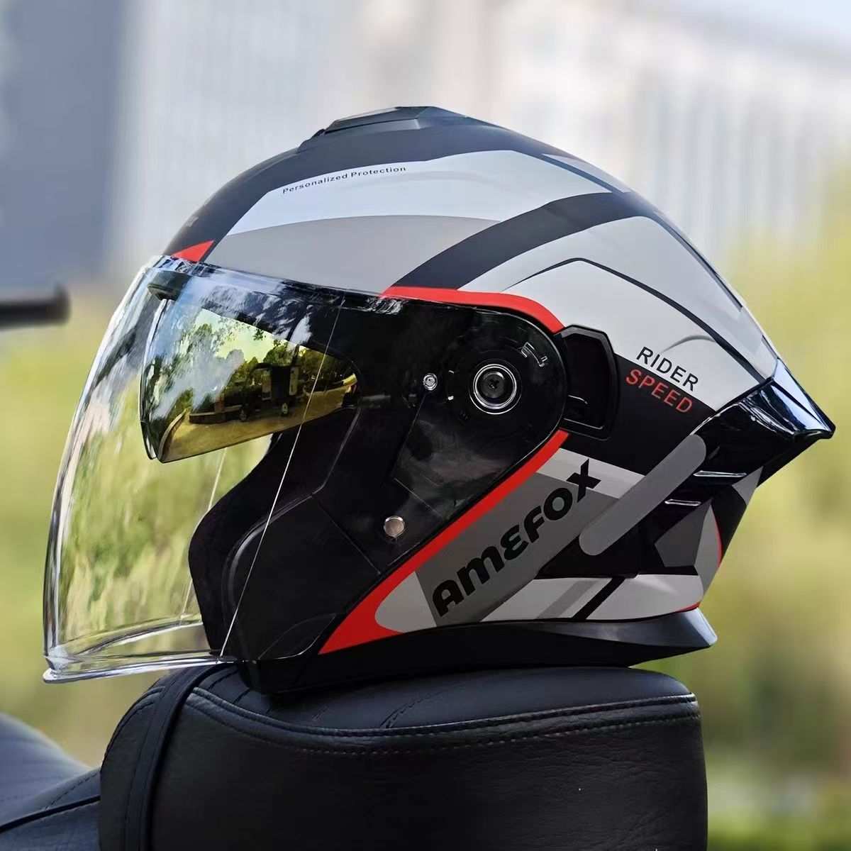 Motorcycle Helmet Inner Sun Visor Lens - ダブルバイザー付きオープンフェイスヘルメット、3/4ジェットスタイル、オートバイ・スクーター用ヘルメット、インナーサンシールド付き、フリップダウン式クリアアウターレンズ、DOT規格適合