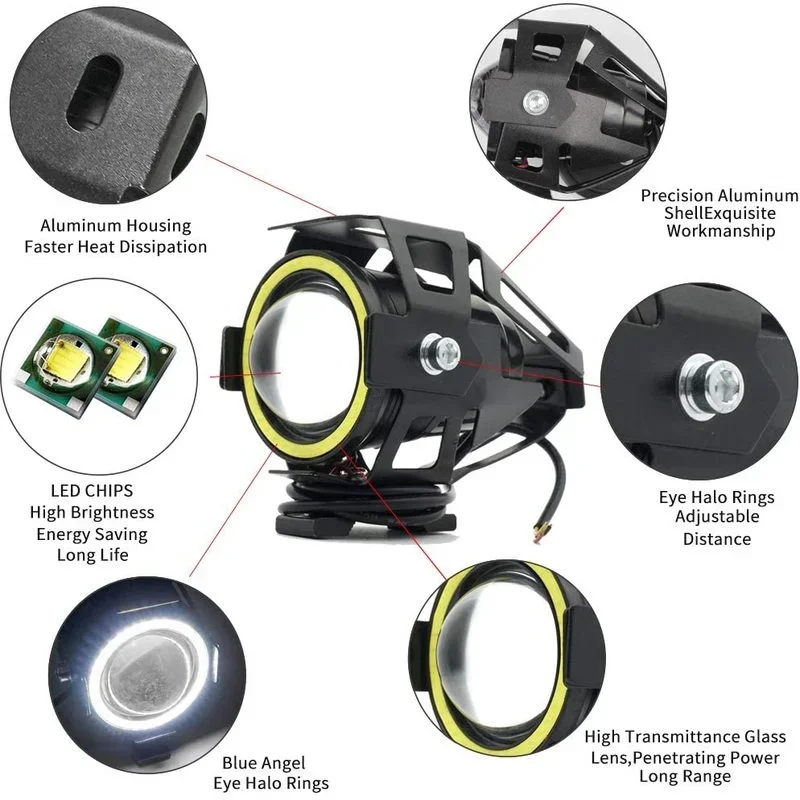 U7 LED 補助高輝度オートバイエンジェルアイズヘッドライ - Universal Motorcycle Led Headlight Projector のレビューと価格
