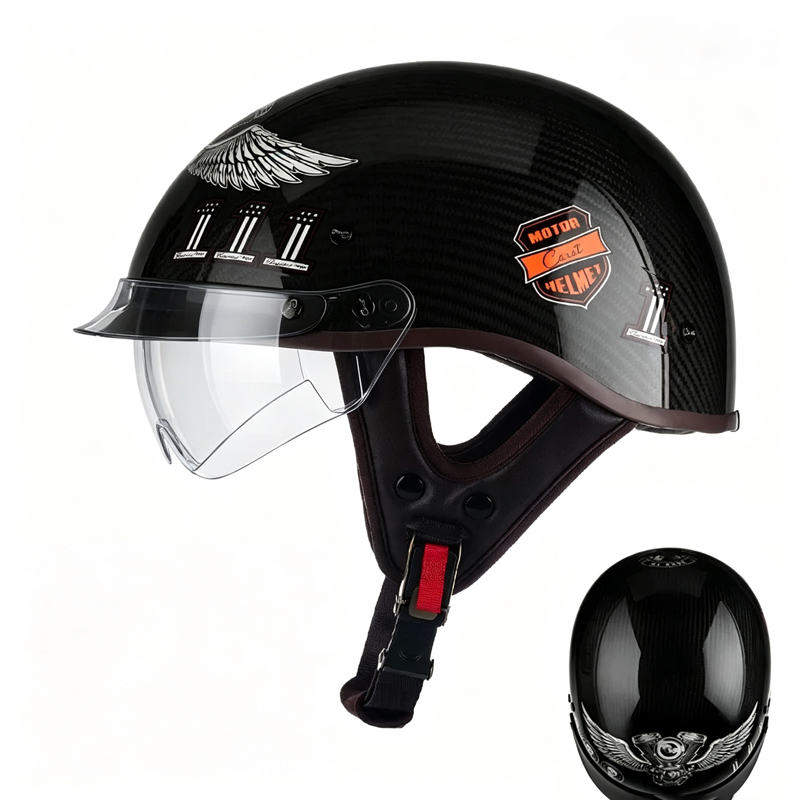 カーボンファイバー製バイク用ハーフヘルメット、レトロな軽量3 - Carbon Fiber Lightweight Motorcycle Helmet のレビューと価格